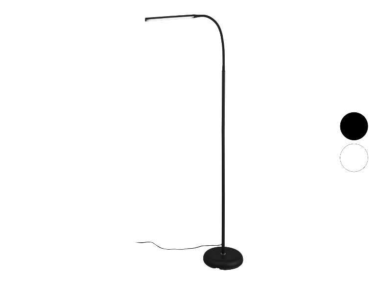 Černá LED stojací lampa s ohnutým ramenem.