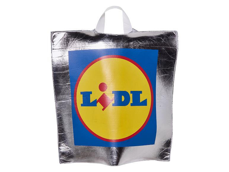 Stříbrná taška Lidl s rukojetí.
