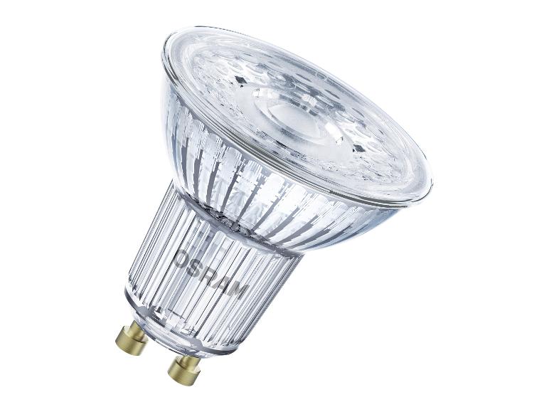 Skleněná LED bodová žárovka s paticí GU10 a žebrovaným designem.