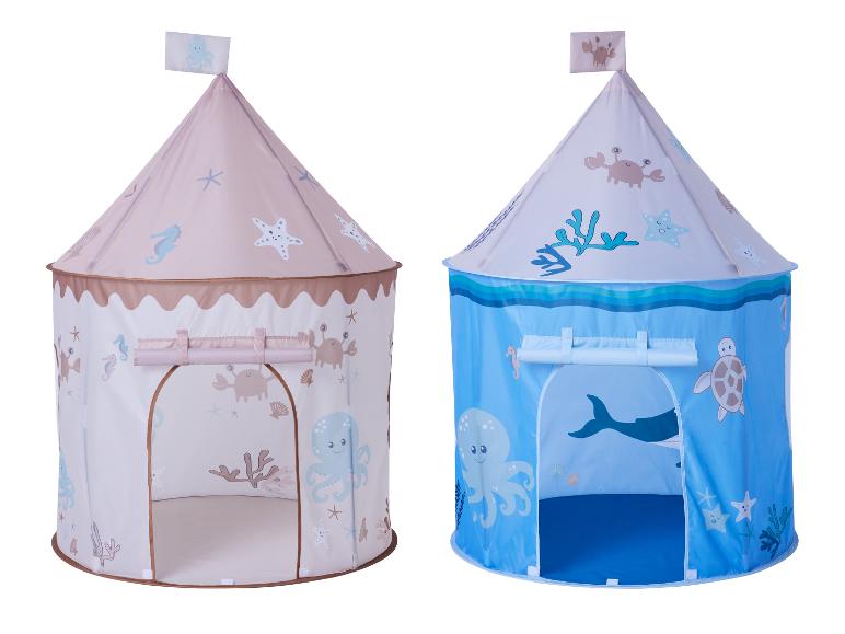 Dva dětské hrací stany, jeden růžový a jeden modrý, s mořskou tematikou.