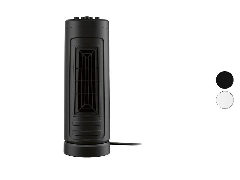 Černý věžový ventilátor a ohřívač.