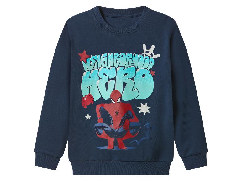 Modrá mikina s potiskem superhrdiny a textem „NEIGHBORHOOD HERO“.