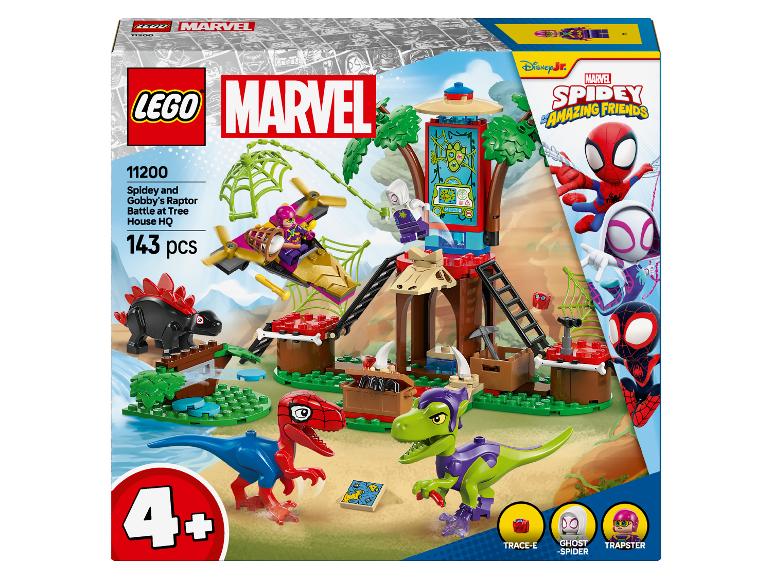 Sada LEGO Marvel Spidey a jeho úžasní přátelé s domečkem na stromě, dinosaury a postavičkami.