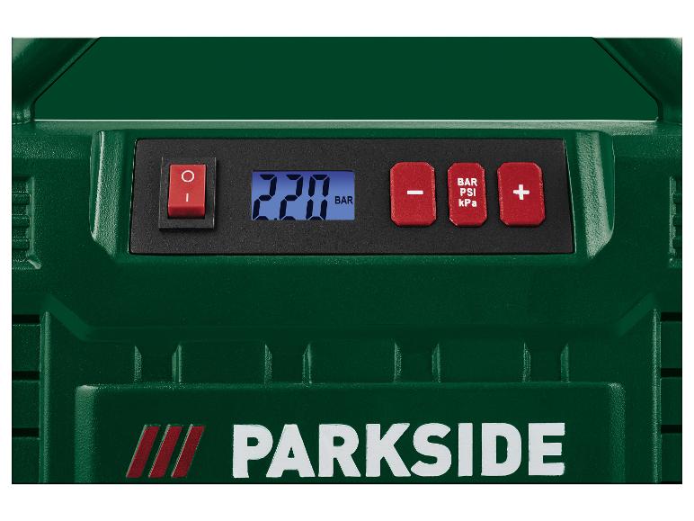 Kompresor Parkside s digitálním displejem tlaku.
