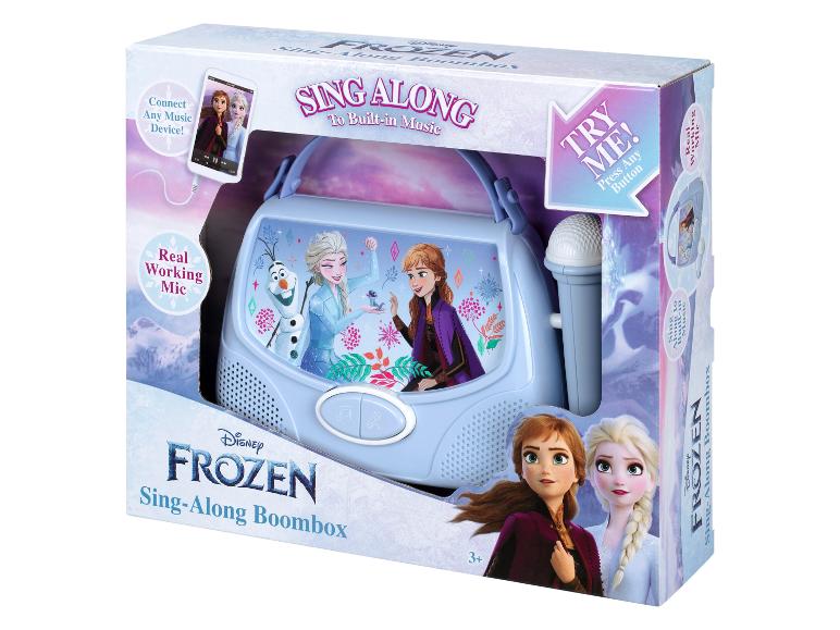 Modrý Disney Frozen boombox na zpívání s vestavěnou hudbou a mikrofonem.