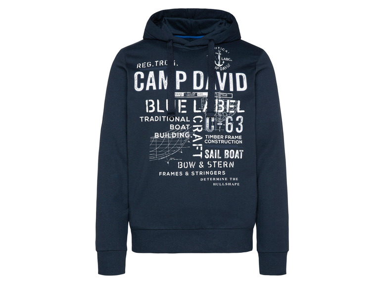 Modrá mikina s kapucí s textem 'Camp David Blue Label' a designem lodi.