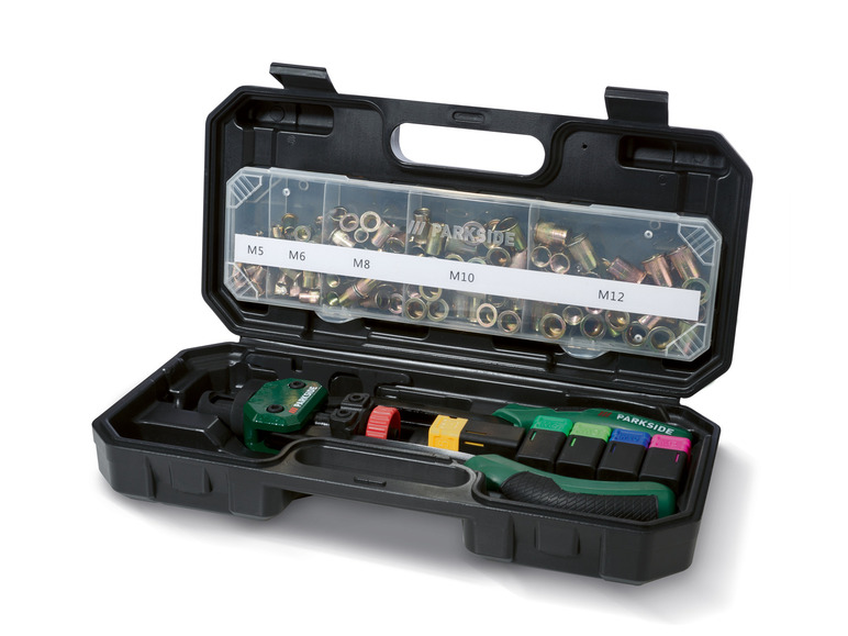 Sada nástrojů Parkside s nýty, kleštěmi a různými velikostmi nýtů