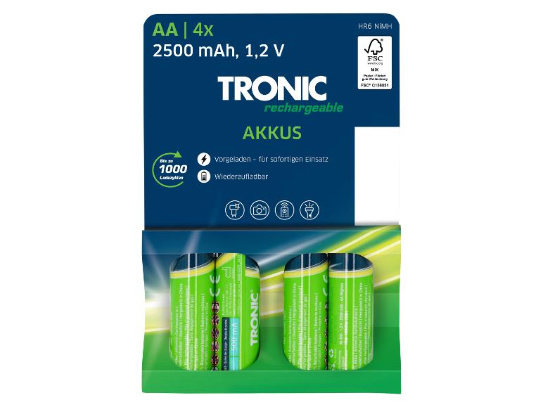 4x dobíjecí baterie AA Tronic, 2500 mAh.