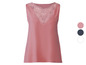Růžový top bez rukávů s krajkovým výstřihem.