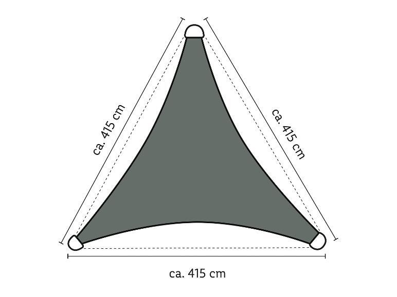 Trojúhelníková stínící plachta s délkou stran přibližně 415 cm.