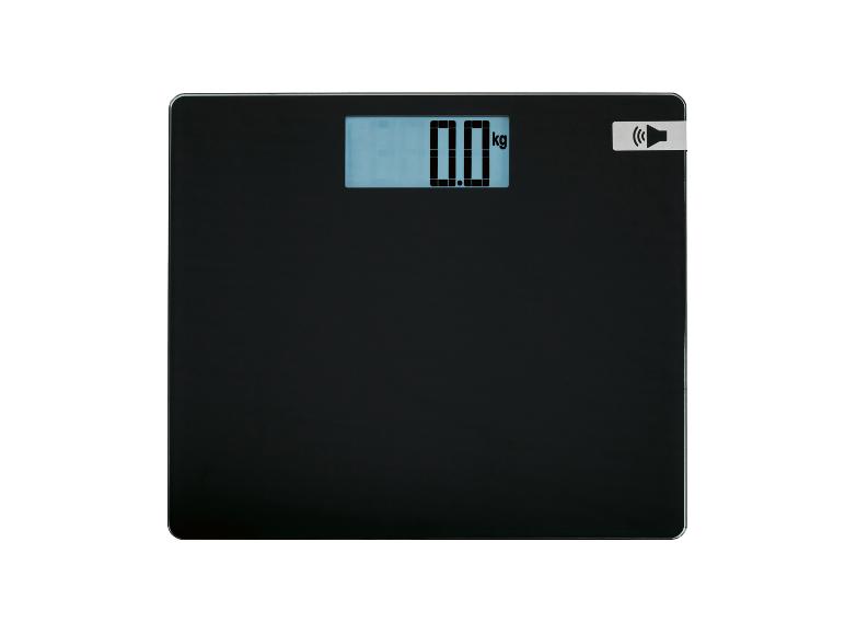 Černá koupelnová váha s digitálním displejem zobrazujícím „0.0 kg“ a ikonou reproduktoru.