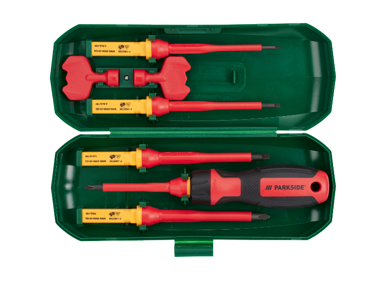 Sada izolovaných šroubováků Parkside v zelené úložné schránce.