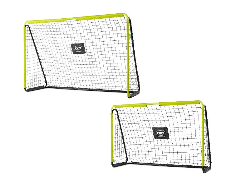 Dvě fotbalové branky EXIT Toys s černými sítěmi a limetkově zelenými rámy.