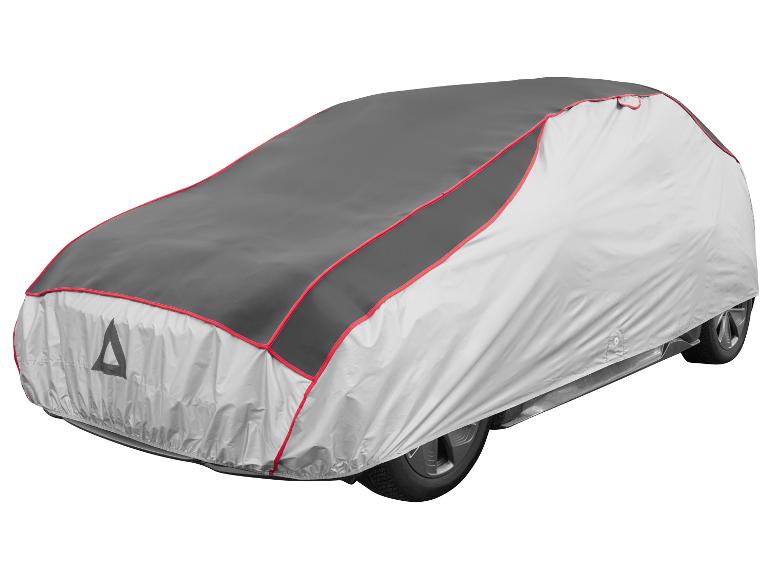 Dvoubarevná plachta na auto v šedé a stříbrné barvě s červeným lemováním, s reflexním trojúhelníkem.