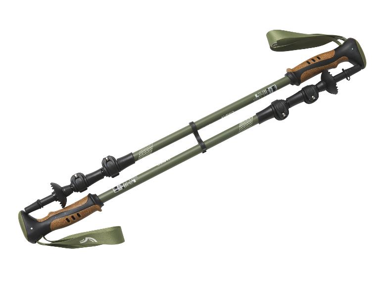 Trekingové hole CRIVIT v olivově zelené barvě s korkovými rukojeťmi a poutky.