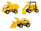 Žlutá stavební hračky: nákladní automobil, bagr a nakladač.
