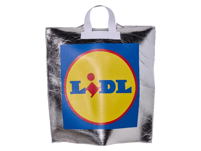 Stříbrná taška Lidl s rukojetí.