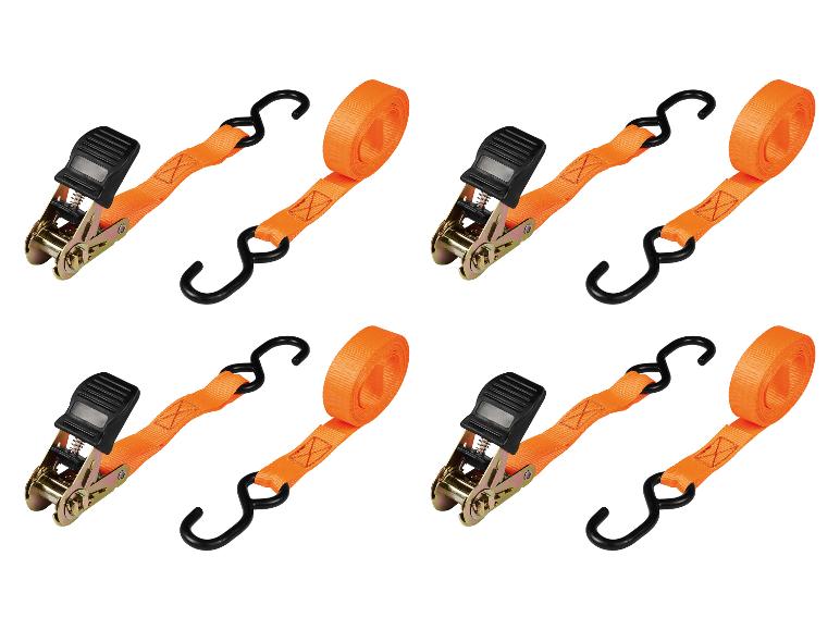 Čtyři oranžové ráčnové popruhy s černými háky