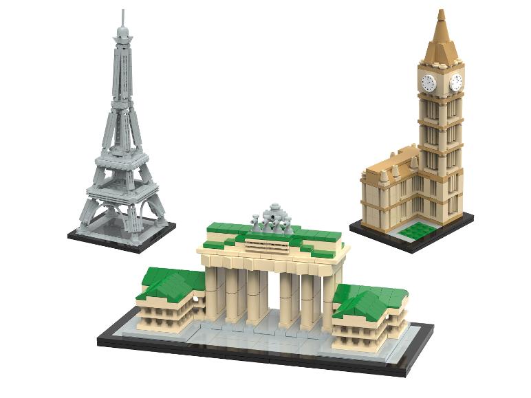 Tři modely LEGO Architecture: Eiffelova věž, Braniborská brána a Big Ben.