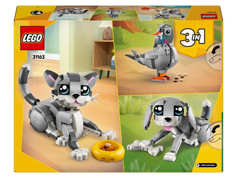 LEGO Creator 3 v 1 krabice s modely kočky, holuba a psa.