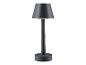 Šedá stolní lampa s válcovým podstavcem a kulatým stínítkem.