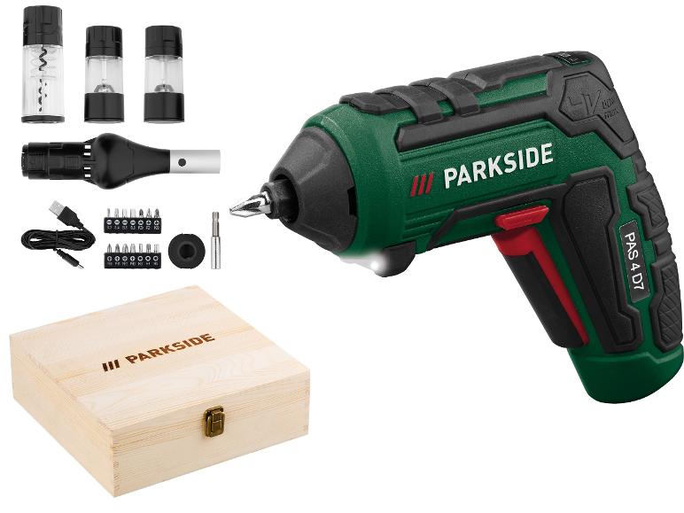 Elektrický šroubovák Parkside, dřevěná krabička, příslušenství součástí balení.