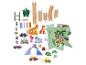 Dřevěná vláčkodráha a puzzle sada s dinosaury, vozidly a kreslenými postavičkami.