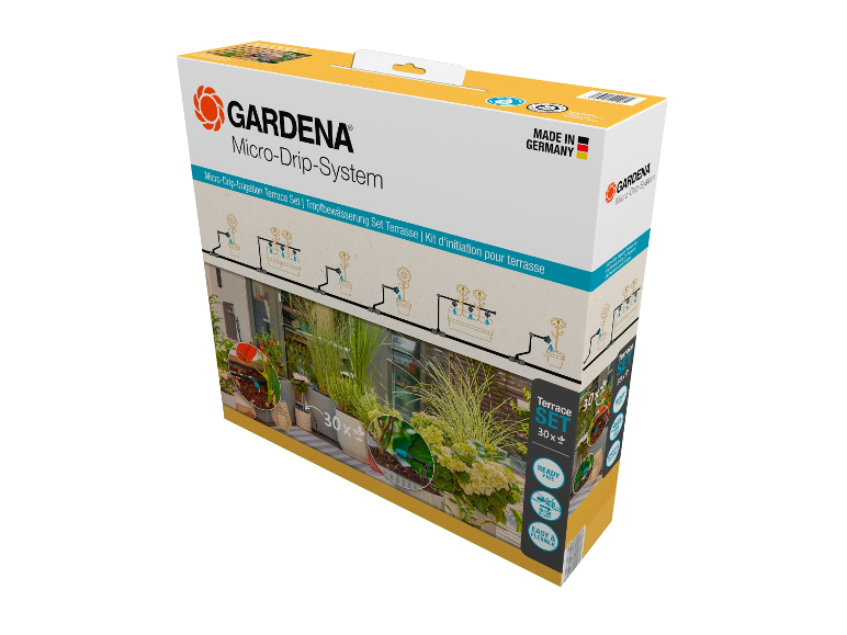 Zavlažovací systém Gardena Micro-Drip pro terasu, připravený k použití.