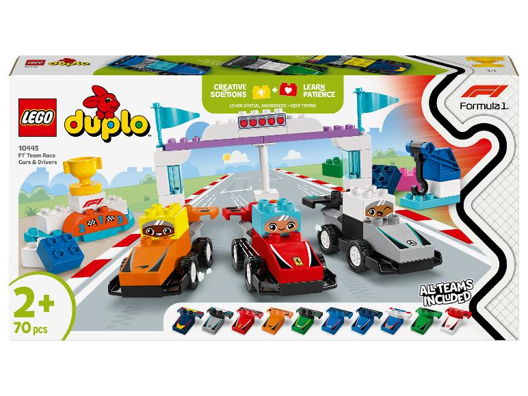 Sada LEGO Duplo 10445 F1 Team Race Cars & Drivers, s závodními auty a doplňky.