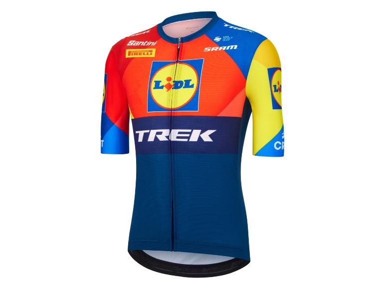 Cyklistický dres Trek-Lidl: živé barvy, geometrický vzor.