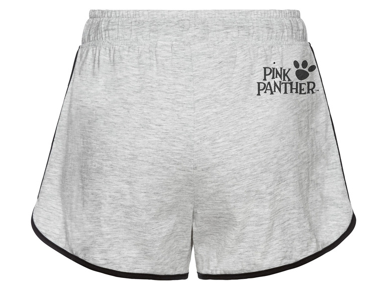 Šedé šortky s černým lemem a logem Pink Panther.