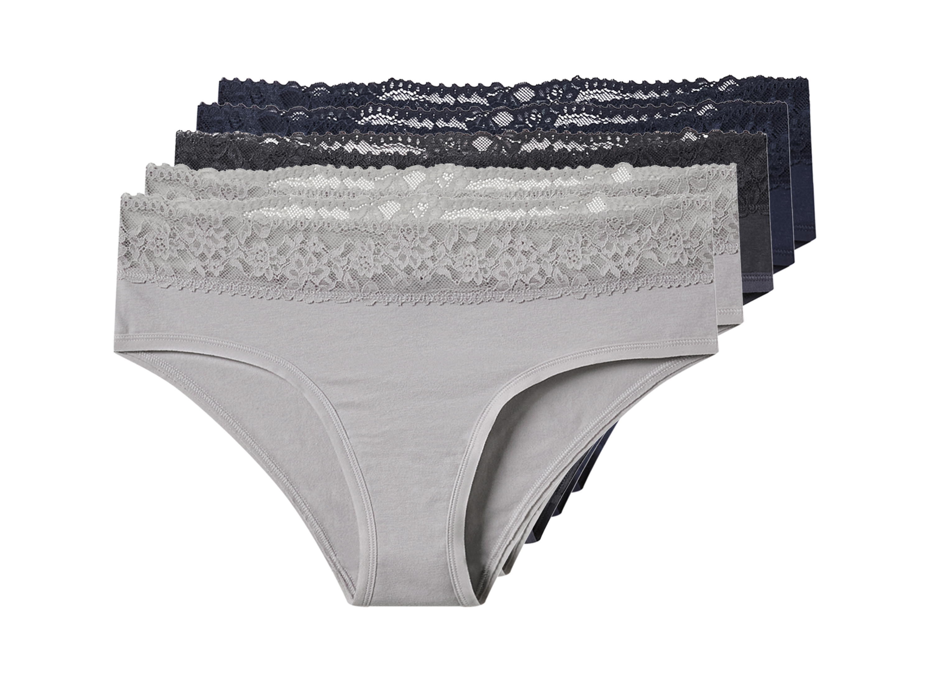 esmara® Dámské kalhotky s krajkou Hipster, 5 kusů (navy modrá / šedá, L (44/46))