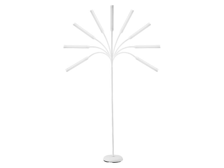 Bílá stojací lampa s více nastavitelnými rameny.