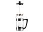 Skleněná french press s nerezovým filtrem a černou rukojetí.