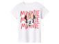 Bílé tričko s potiskem obličeje Minnie Mouse a opakovaným červeným nápisem „MINNIE“.