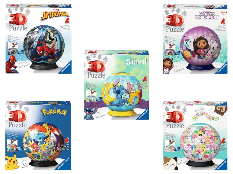 Ravensburger: 3D kulové puzzle Spiderman, Stitch, Gabby's Dollhouse, Pokémon a Squishmallows.