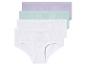 Tři páry kalhotek v bílé, světle zelené a lila barvě.