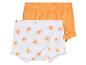 Dvoje dětské kalhotky: jedny oranžové a jedny bílé s motivem sluníček.