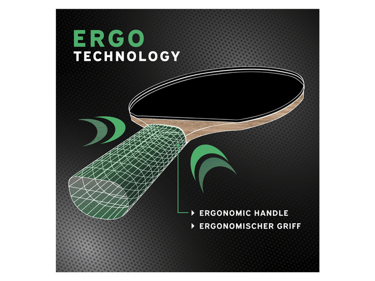 Stolní tenisový raket s ergonomickou rukojetí.