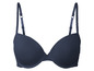 Tmavě modrá podprsenka s hladkými košíčky a nastavitelnými ramínky.