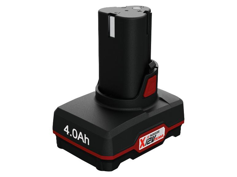 Černá a červená 4.0Ah baterie pro elektrické nářadí s logem X12V Team.