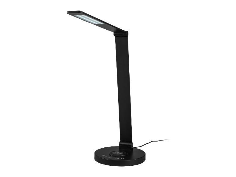 Černá LED stolní lampa s bezdrátovou nabíječkou a dotykovým panelem.
