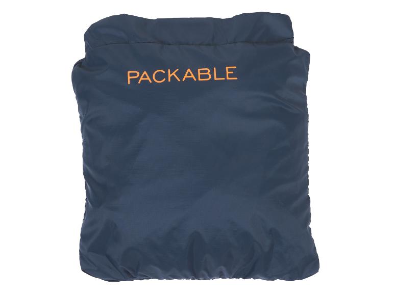 Tmavě modrá skladací bunda s nápisem 'PACKABLE'.