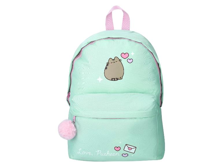 Světle zelený batoh Pusheen s růžovými detaily.