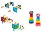 Dřevěné hračky Paw Patrol a Peppa Pig, včetně hry na bušení kladivem, skládací věže a puzzle s tvary.