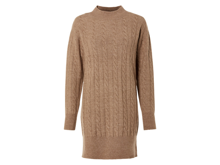 Hnědý pletený svetr s kablovým vzorem.