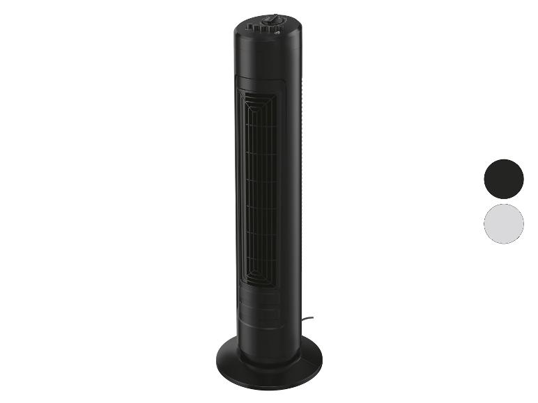 Černý a bílý věžový ventilátor.