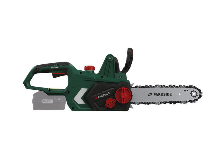 Zelená Parkside řetězová pila s 30 cm lištou a akumulátorem X20V.