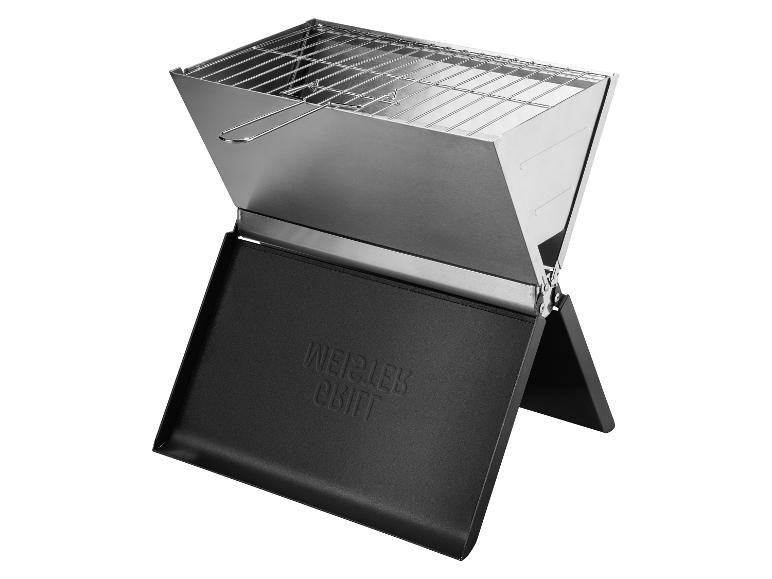 Přenosný nerezový gril WEISZLEB GRILL se skládacími nohami a odnímatelným roštem.