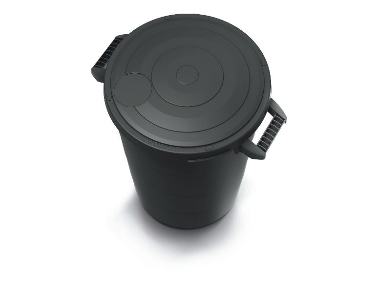 Černý odpadkový koš s víkem a úchyty, pohled shora.
